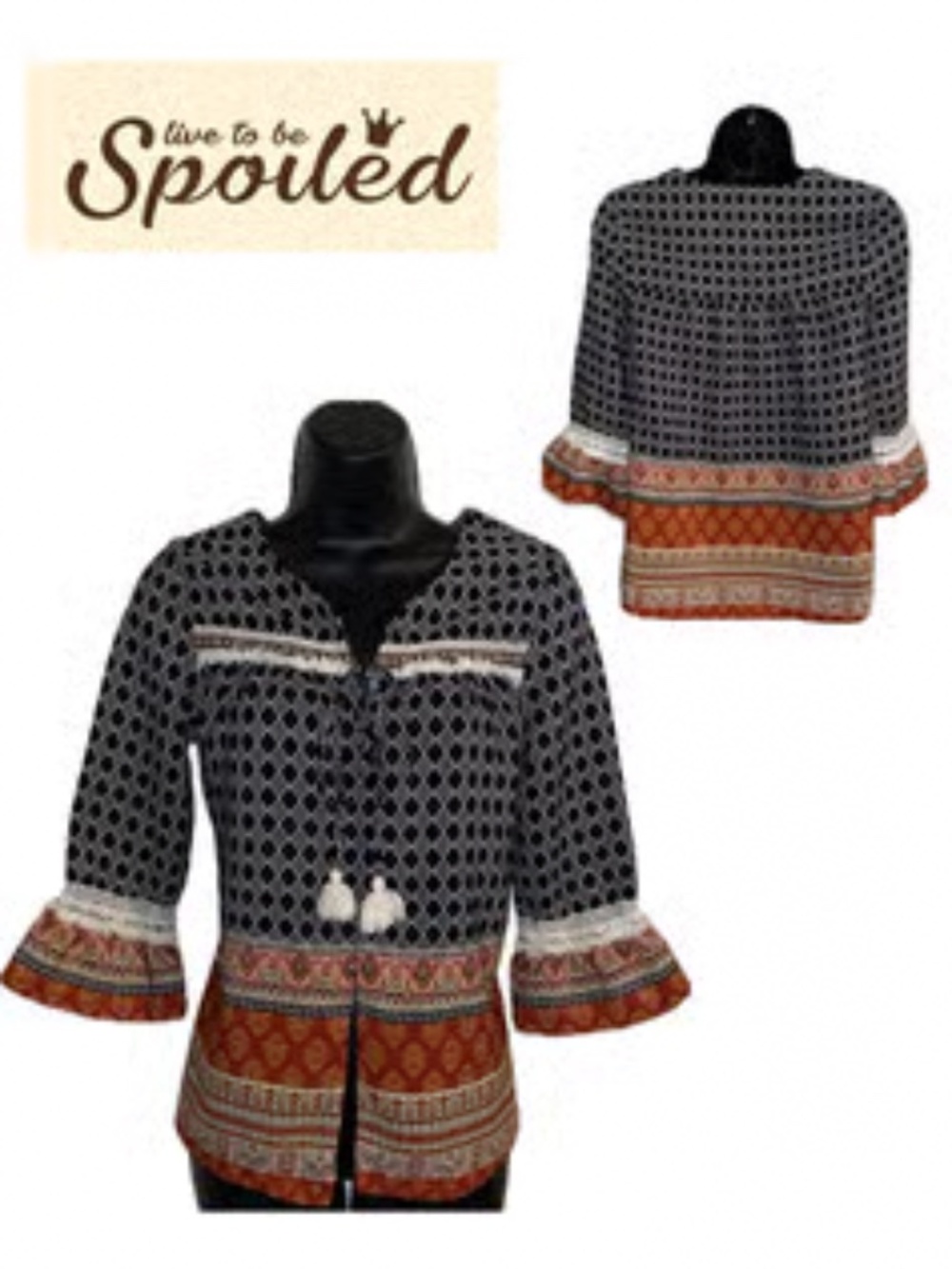 Live to be Spoiled Women's Black Geometric Print Tassel Bell Sleeve Blouse Small